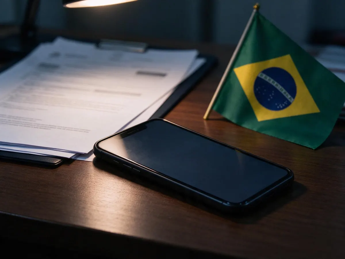 Smartphone with an inaccessible betting app beside Brazilian flag and official documents
