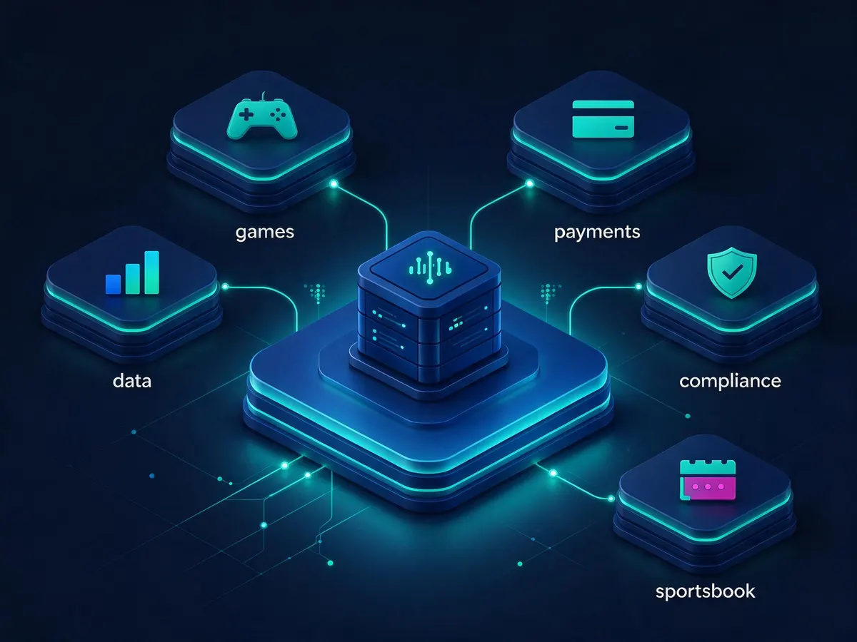 Isometric diagram of a casino aggregation platform connecting games, payments, data and compliance modules through one API