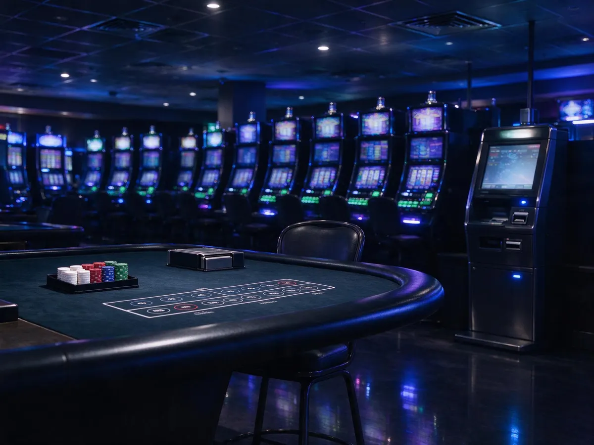 Empty blackjack table on a casino floor with slot machines and a self-service kiosk in the background