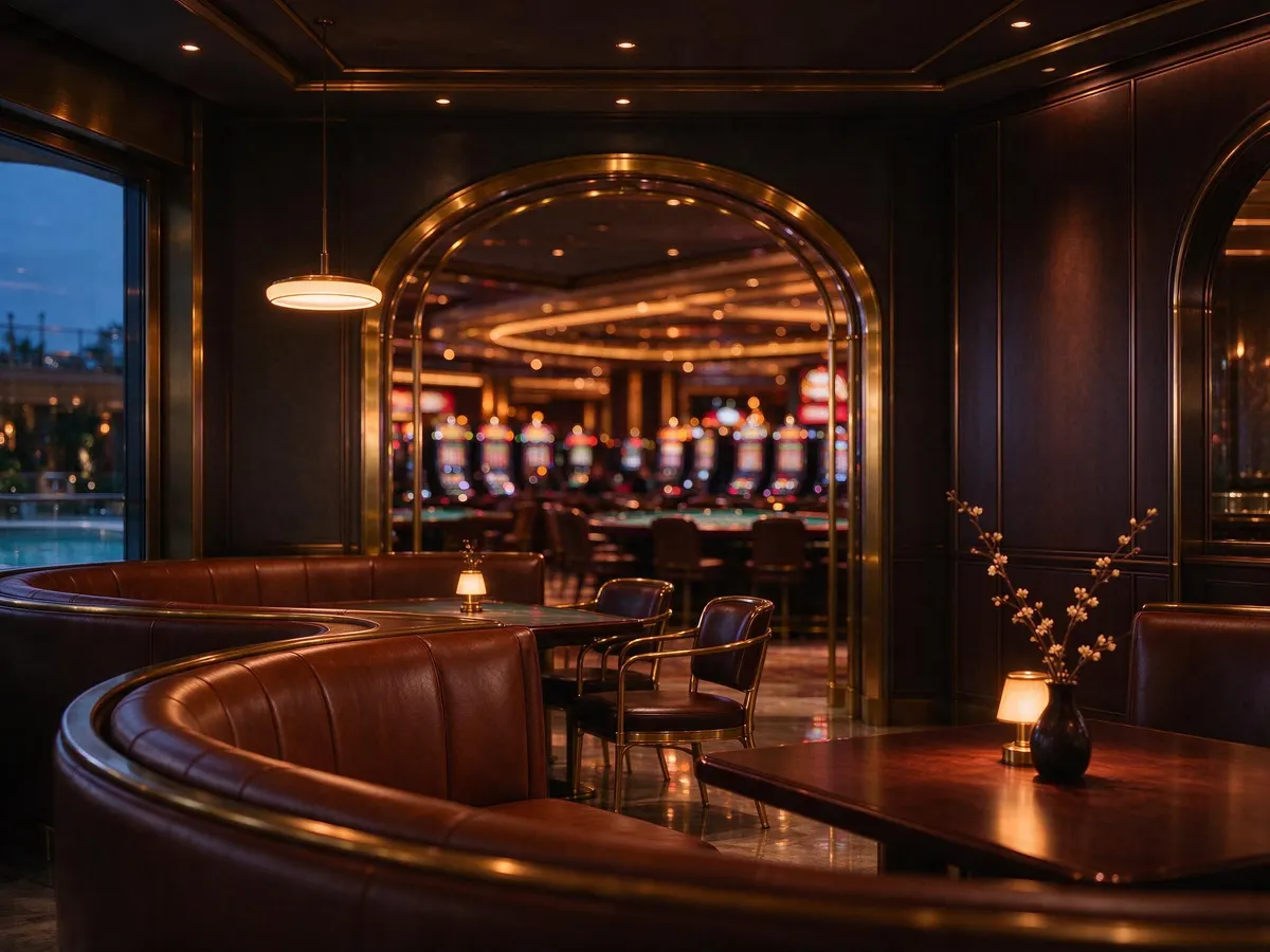 Upscale casino resort restaurant with a gaming floor visible in the background