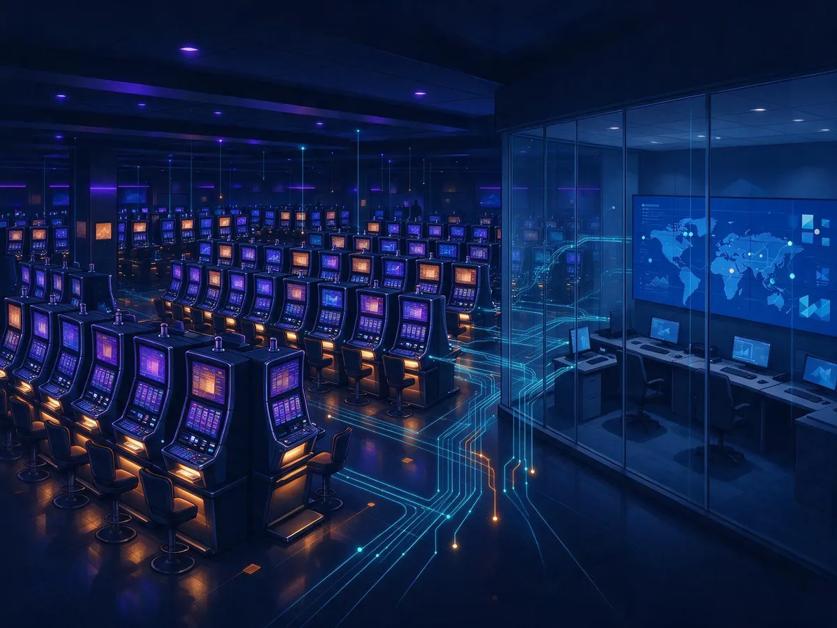 Casino floor with data connections overlaid between slot machines and a back-office monitoring dashboard
