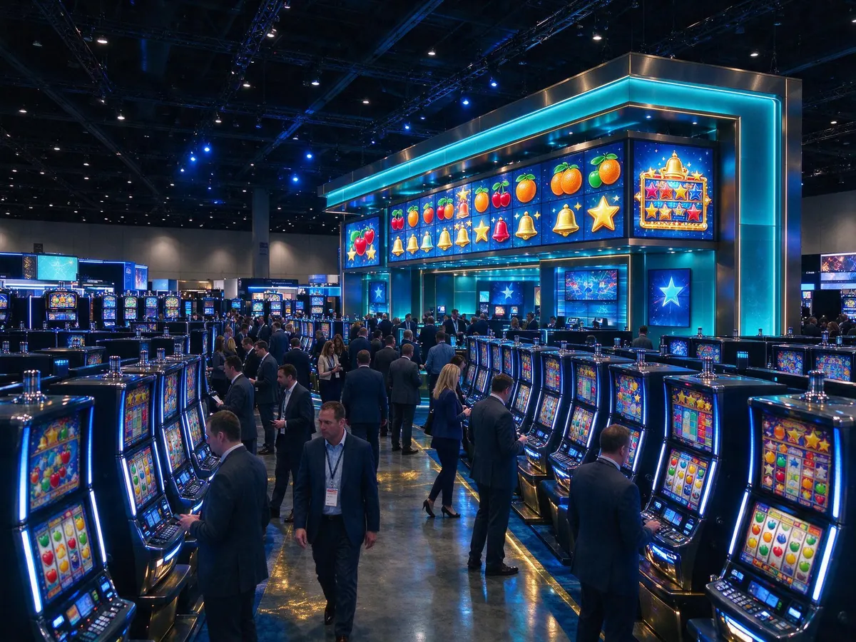 Busy gaming expo floor with illuminated slot machine displays at an exhibitor stand