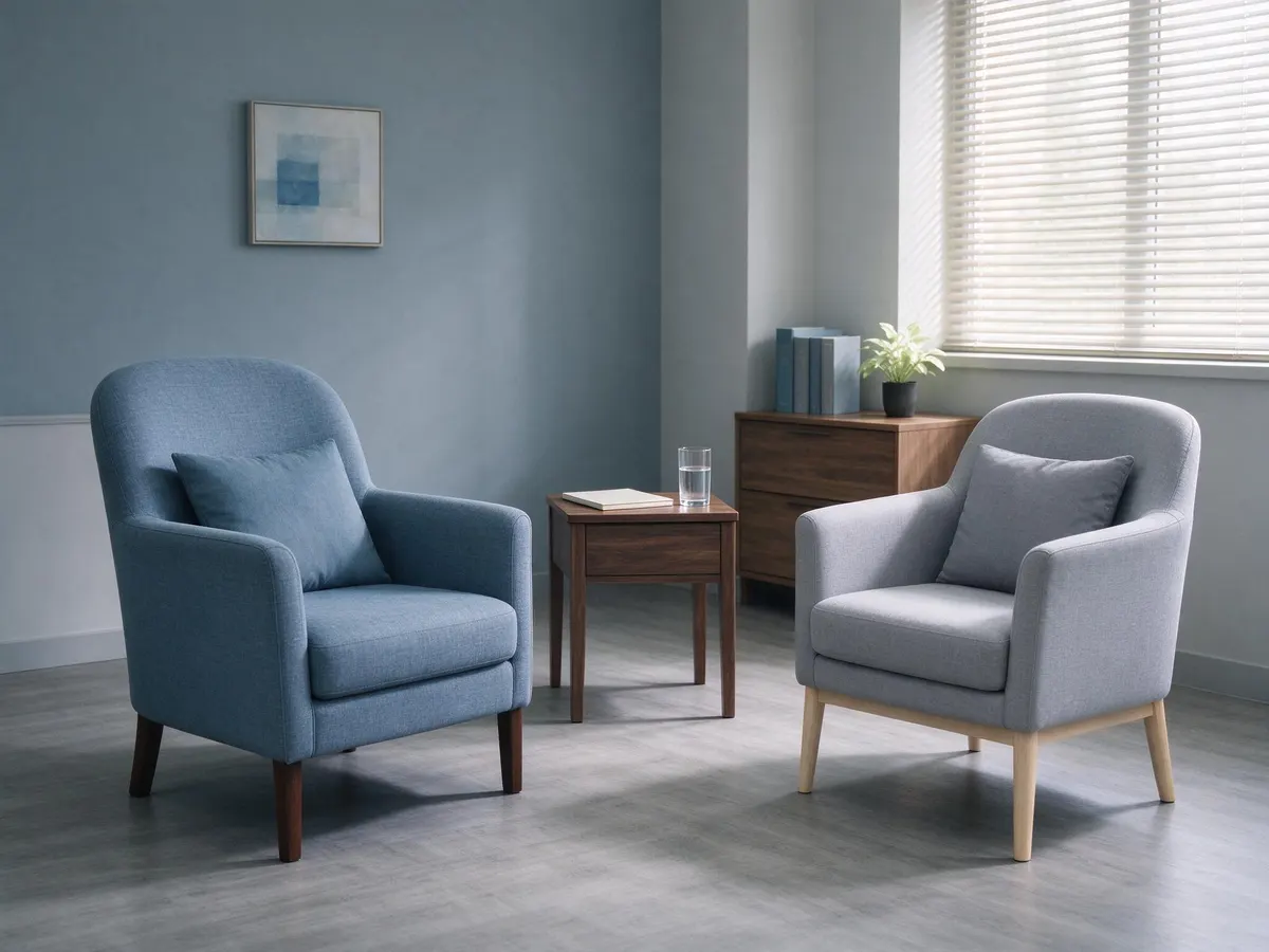 Quiet counselling room with two chairs, representing gambling recovery support services