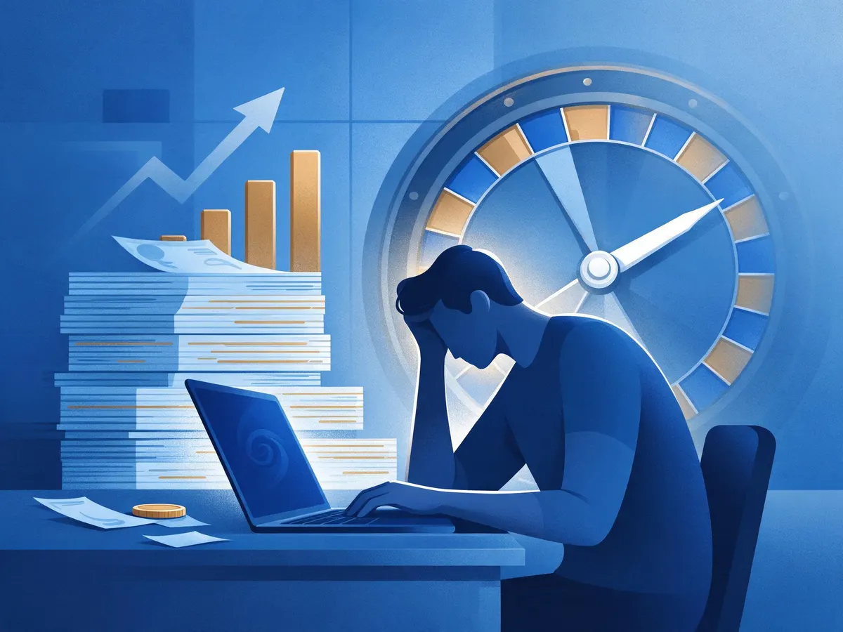 Illustration of a young adult weighing credit card bills against a roulette wheel