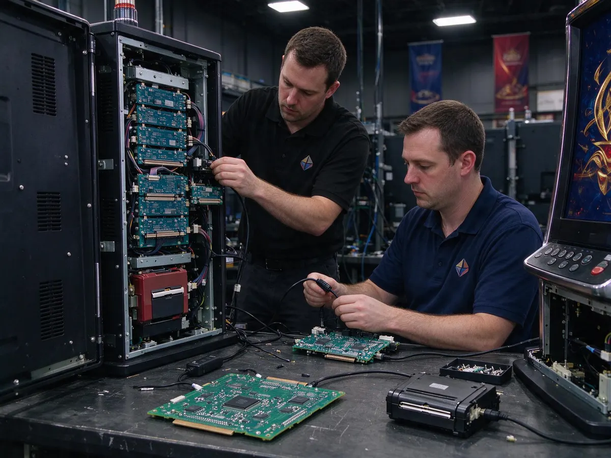 Technicians servicing slot machine hardware in a casino equipment repair workshop