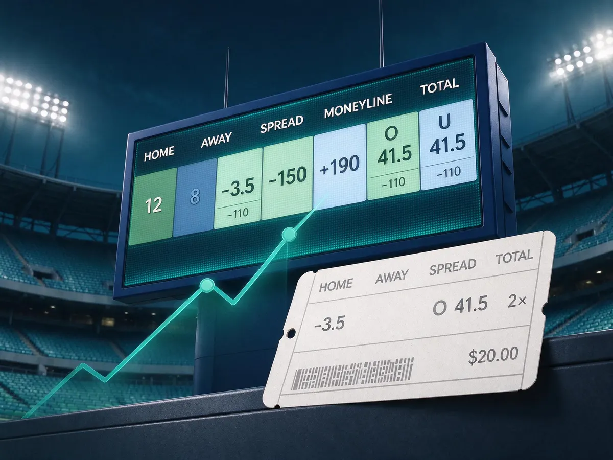 Scoreboard and betting ticket illustrating NFL point spreads and sportsbook margins