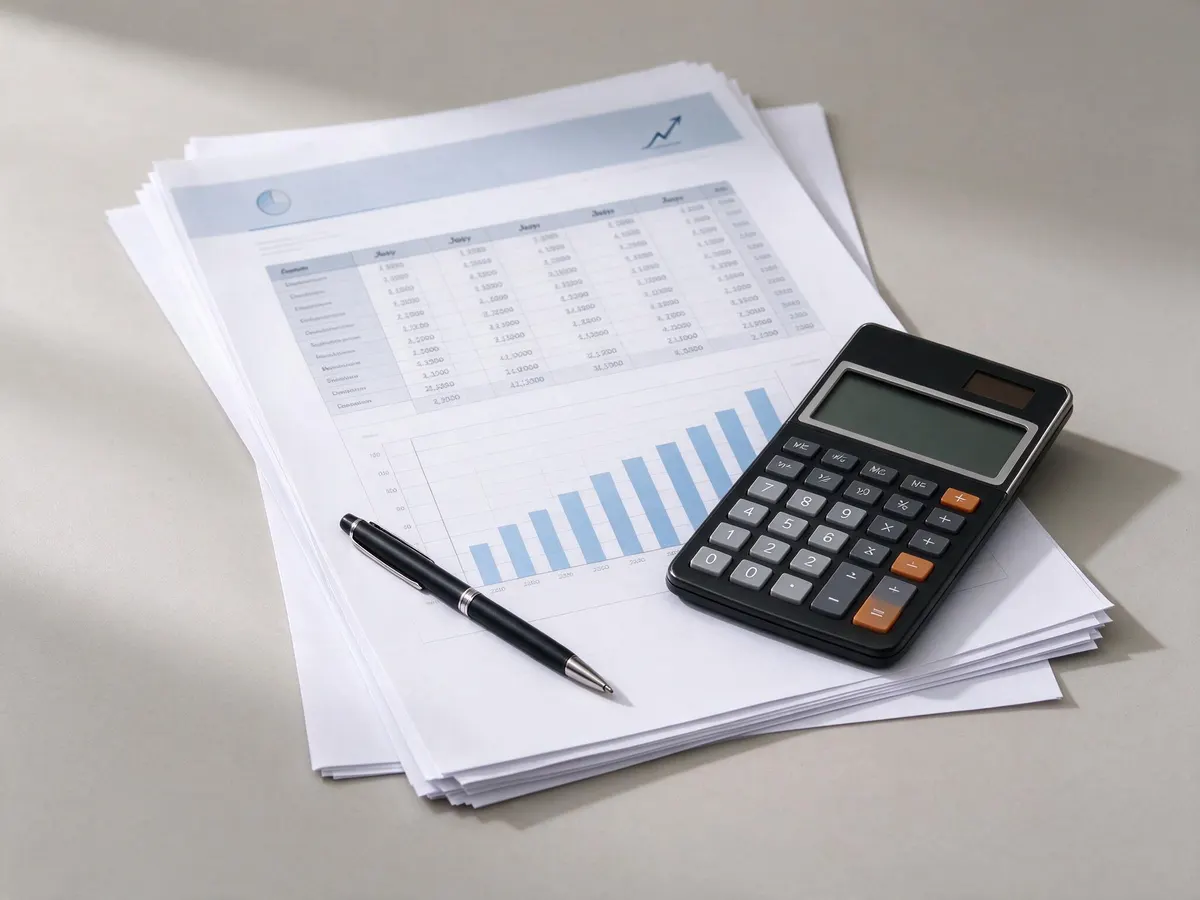 Printed monthly casino revenue spreadsheet with bar chart and calculator on a desk