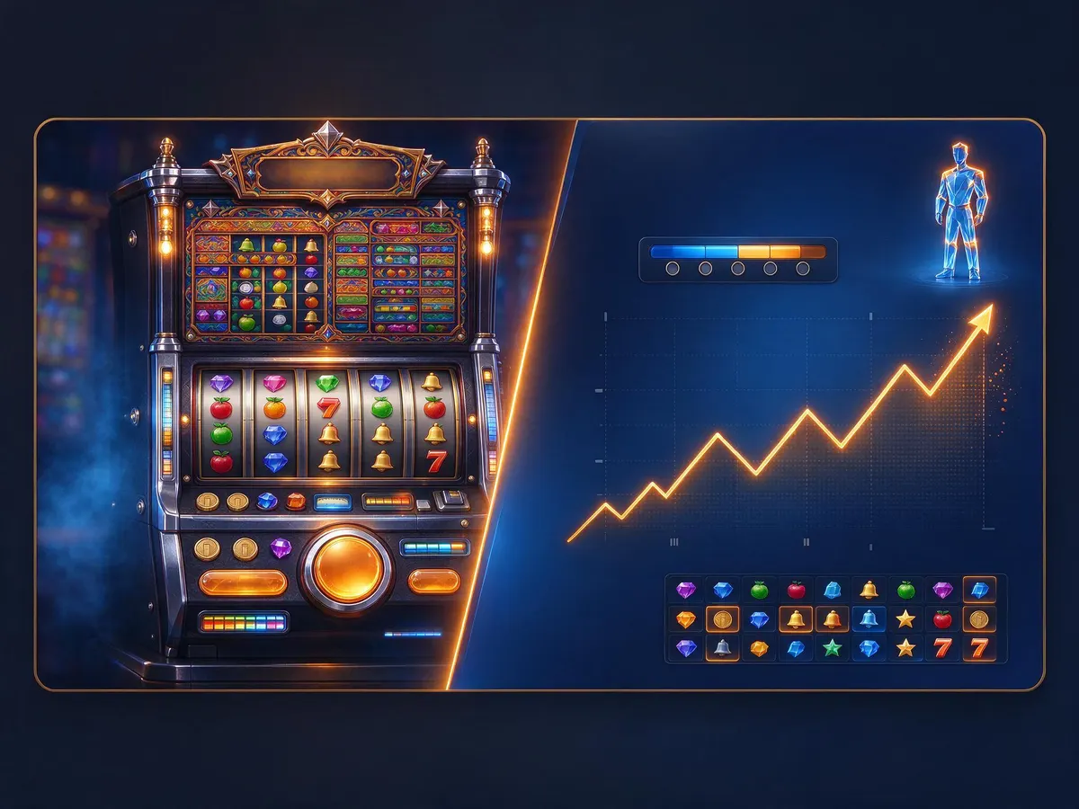 Comparison of a flashy casino game interface and a clean screen showing RTP, volatility and a crash multiplier curve