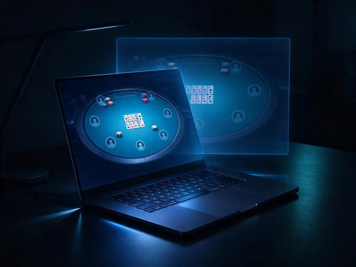 Laptop running an online poker table with a ghosted duplicate screen behind it, illustrating poker malware screen capture