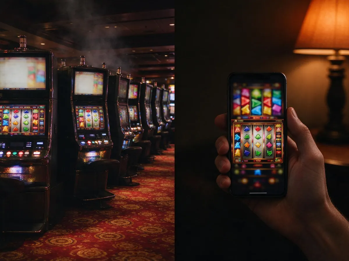 Slot machine cabinets on a casino floor beside a smartphone showing the same slot game