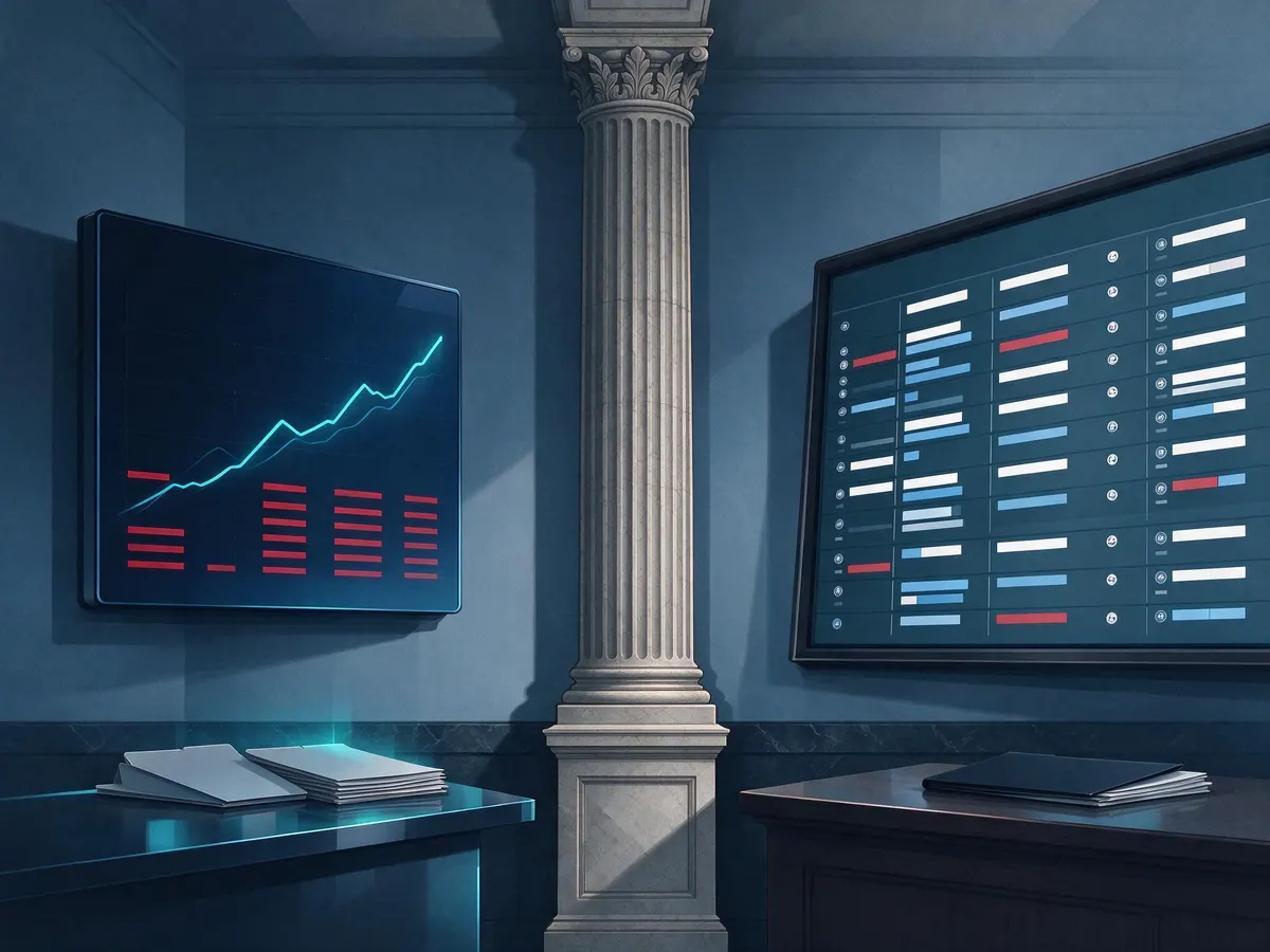 Illustration contrasting a prediction market order book with a sportsbook odds board, split by a courthouse column