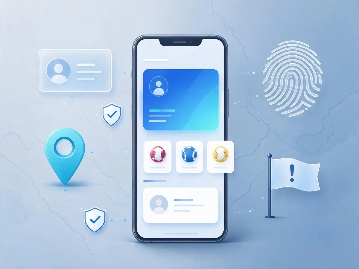 Illustration of a betting account screen with identity verification, device and location icons representing KYC and anti-fraud checks