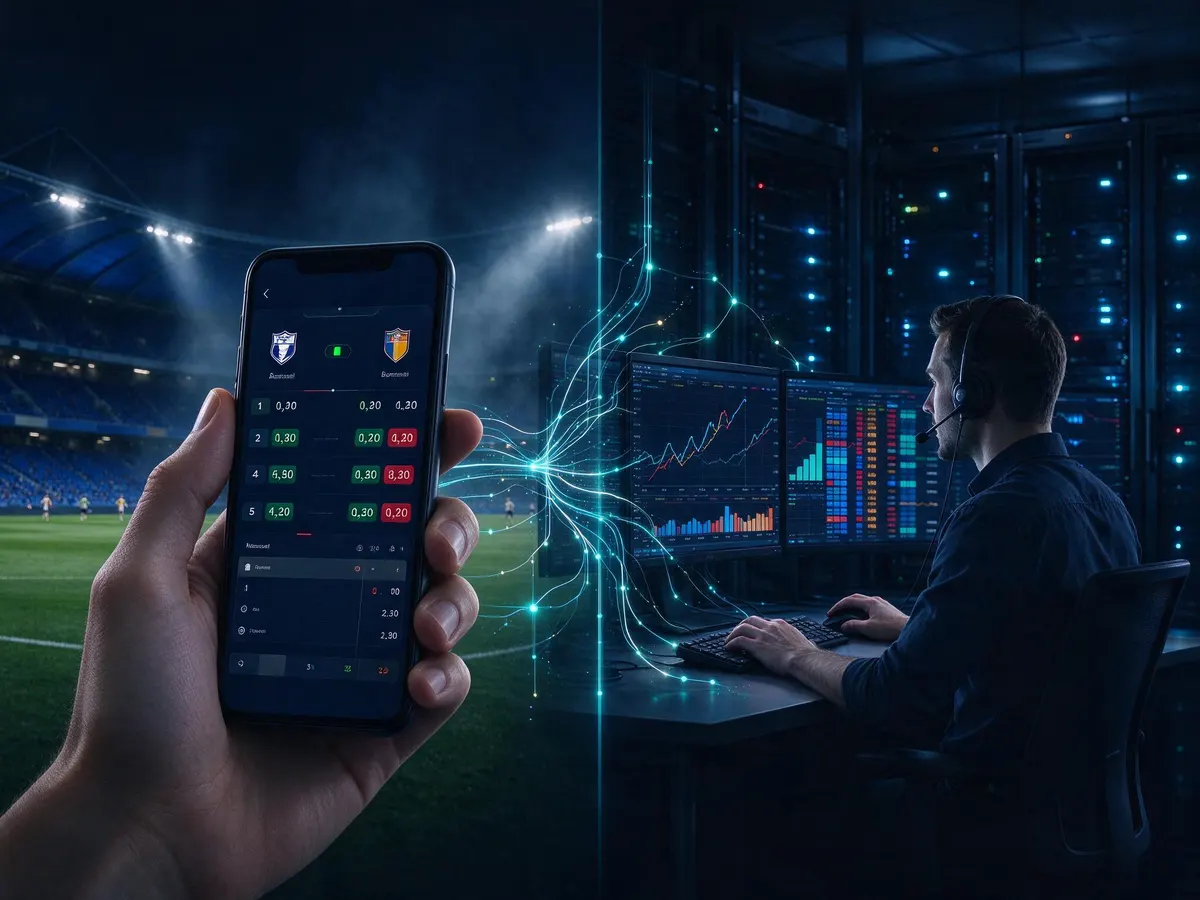 Phone showing live football betting odds linked to a trading desk and servers representing a sportsbook platform provider