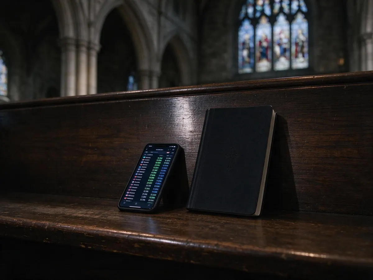 Smartphone showing betting odds resting on a church pew beside a hymn book